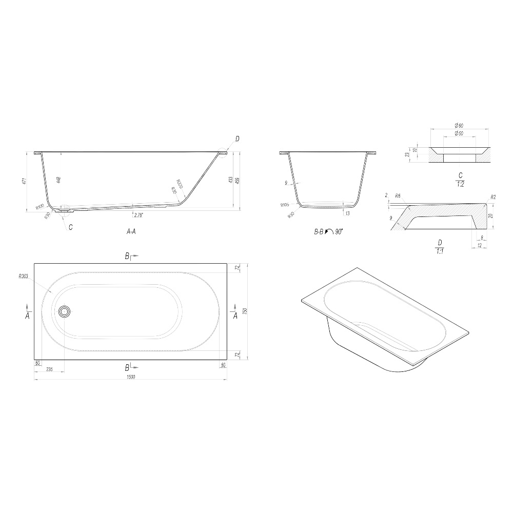 Ванна из искусственного камня Vincea Solid Surface 150х75 Белый матовый — изображение 5