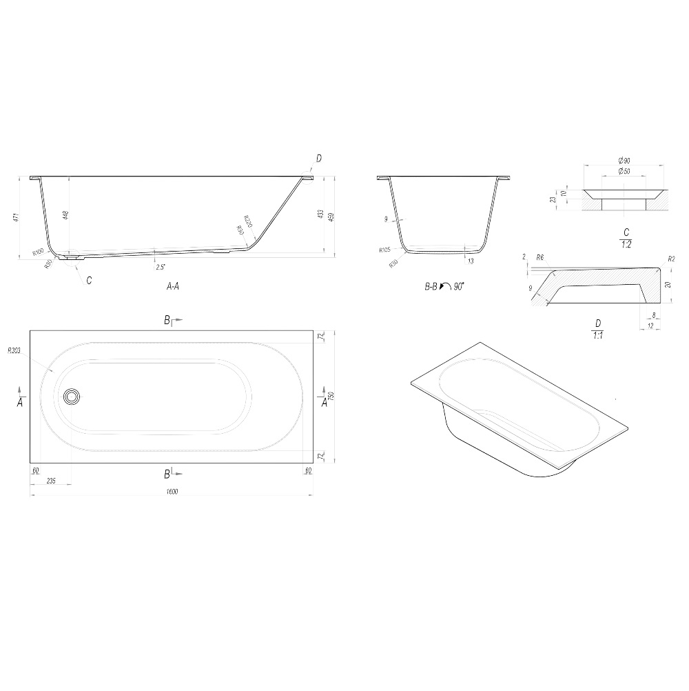Ванна из искусственного камня Vincea Solid Surface 160х75 Белый матовый — изображение 5