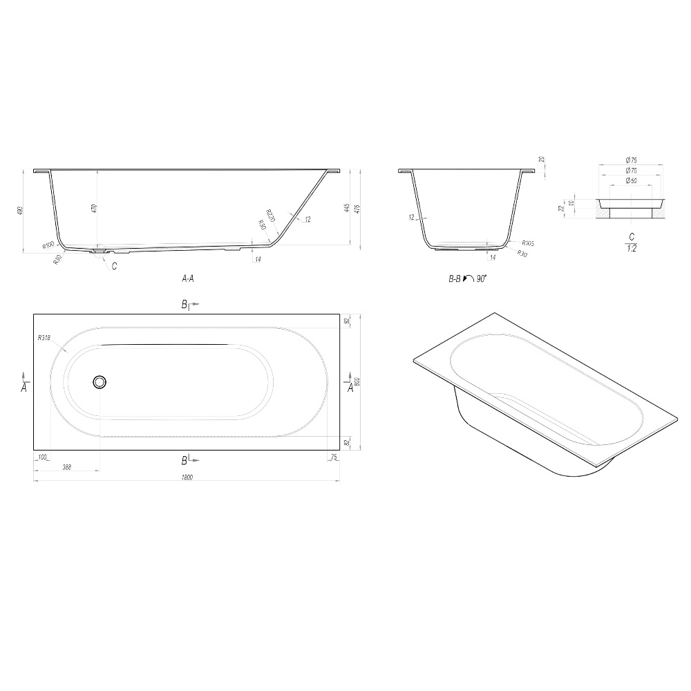 Ванна из искусственного камня Vincea Solid Surface 180х80 Белый матовый — изображение 5